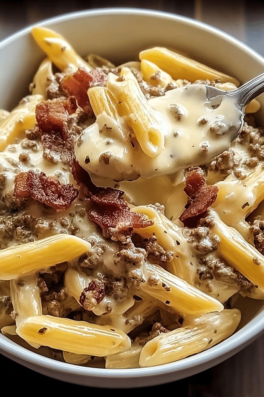 Loaded Bacon Cheeseburger Alfredo Pasta With Creamy Cheesy Sauce 6 Bacon Cheeseburger Alfredo Pasta