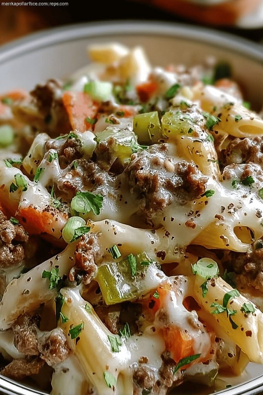 Philly Cheesesteak Pasta Skillet Recipe With Savory Cheese And Tender Beef 6 Philly Cheesesteak Pasta