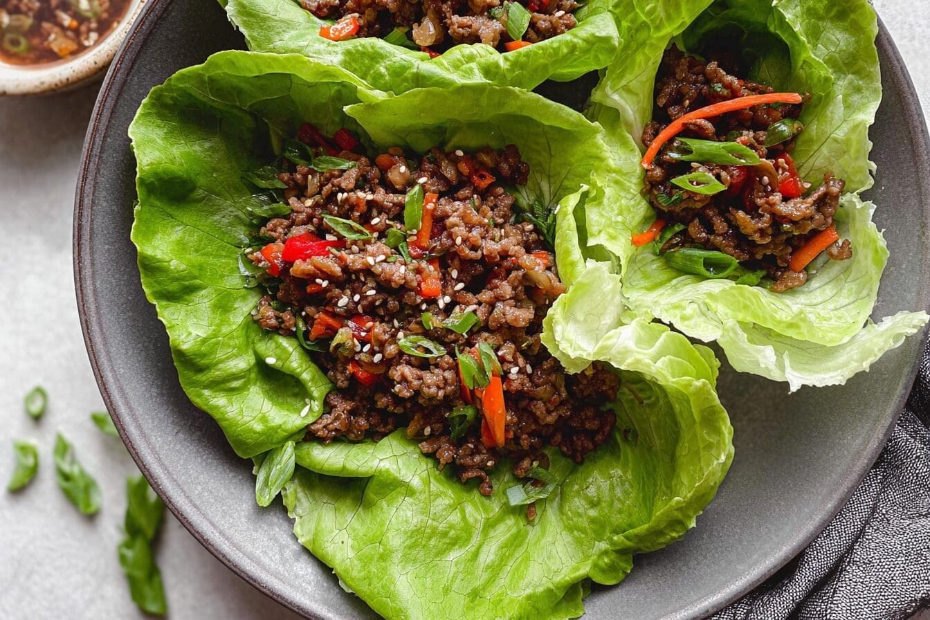Korean Beef Lettuce Wraps With Savory Sauce And Fresh Veggies 6 Korean Beef Lettuce Wraps