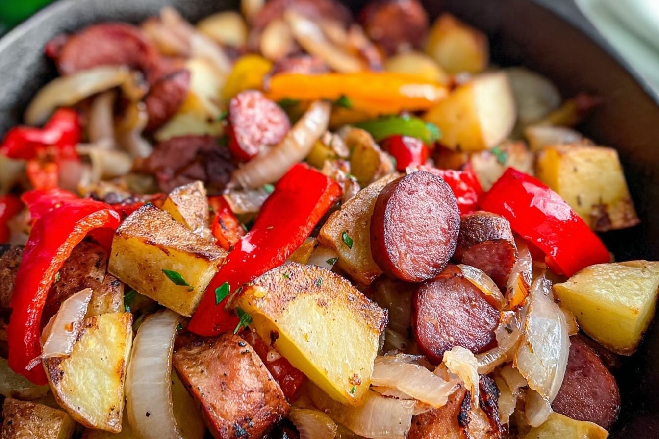 Kielbasa Hash With Peppers Onions And Potatoes 6 Kielbasa Peppers Potato Hash Skillet Recipe