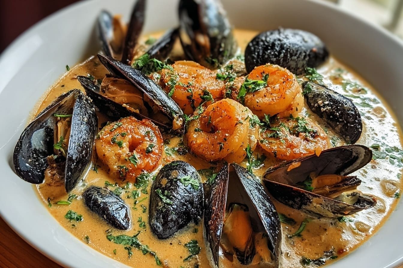 Shrimp And Mussels In Creamy Garlic Sauce
