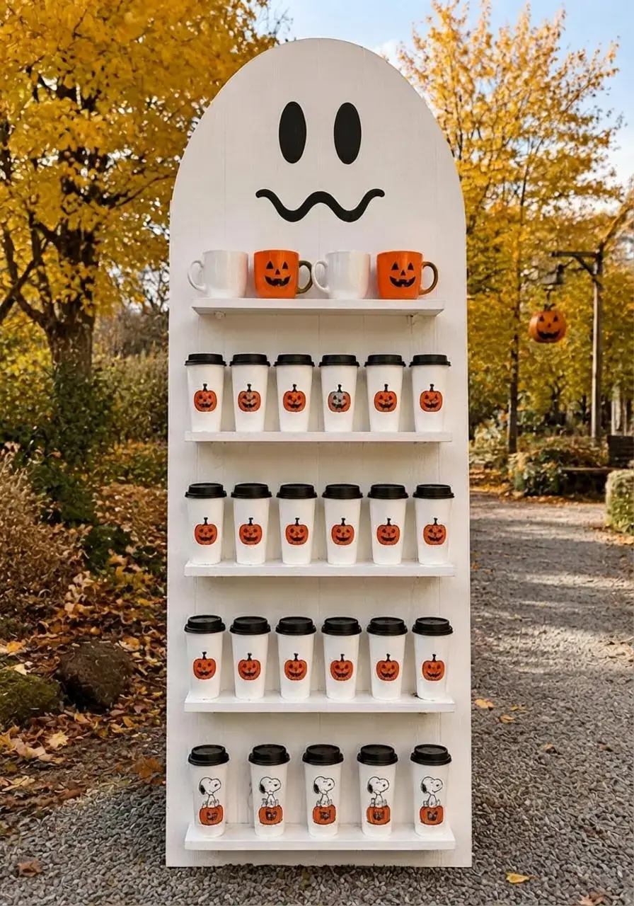 22 Halloween Carnival Party Ideas For A Family-Friendly Backyard Bash 7 22 Halloween Carnival Party Ideas, 5. A Ghost-Shaped Drink Station Shelf