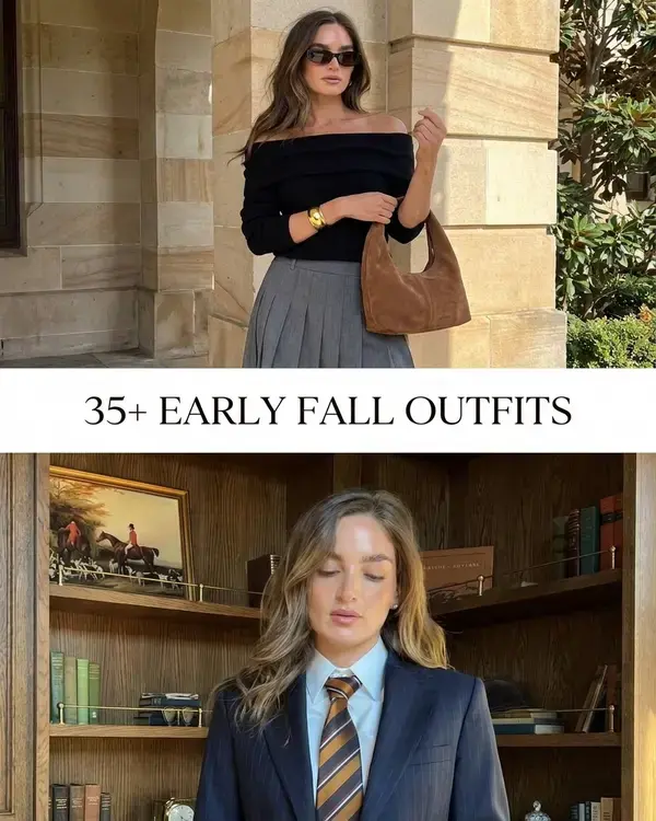 35+ Early Fall Outfits To Try This Season 3 35+ Early Fall Outfits, Grey Pleated Skirt With Black Off Shoulder Pullover
