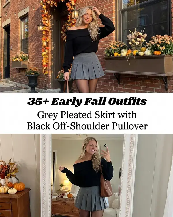 35+ Early Fall Outfits To Try This Season 4 35+ Early Fall Outfits, Grey Pleated Skirt With Black Off Shoulder Pullover